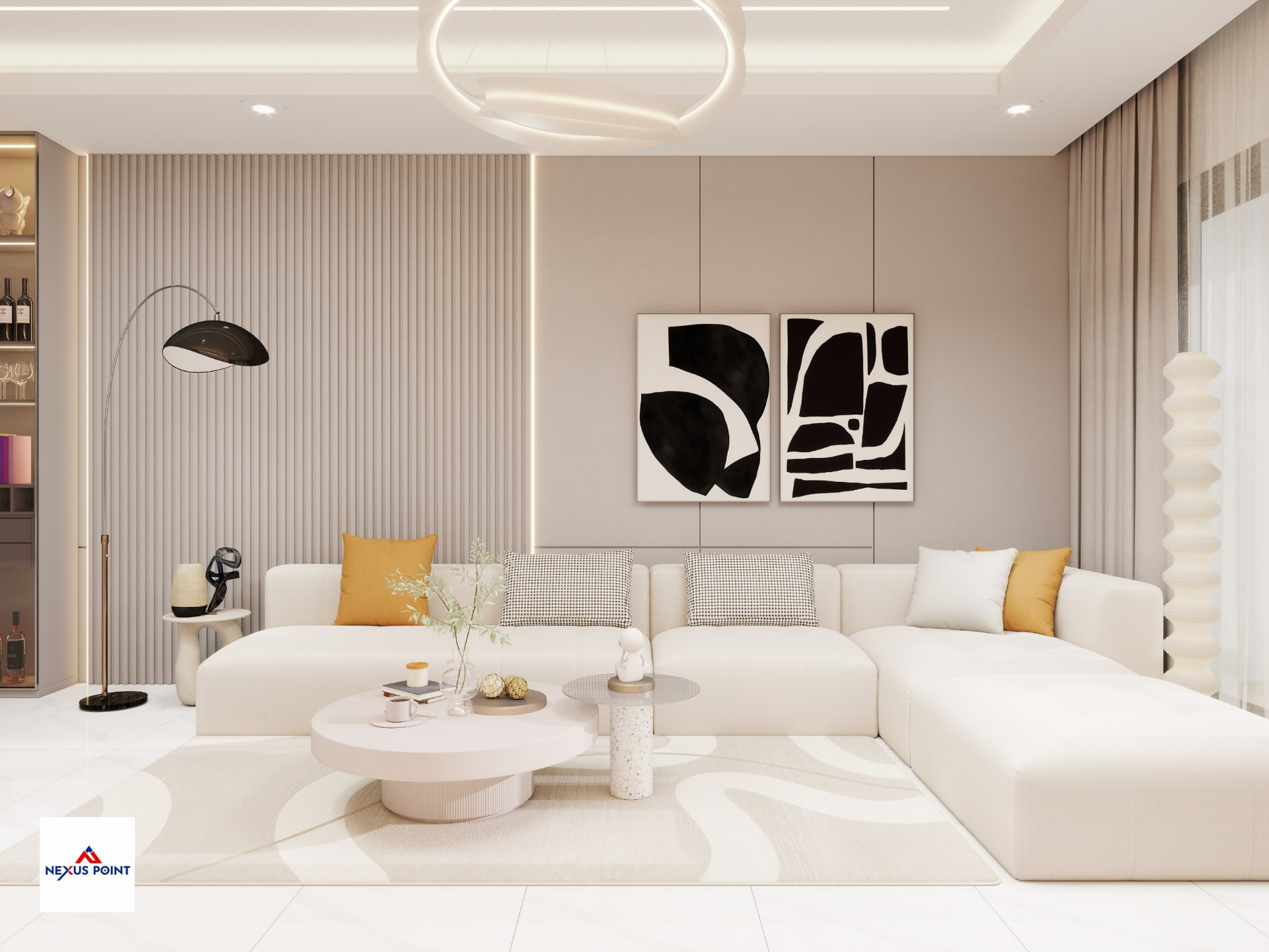 Luxury living room with curved sofa and modern art