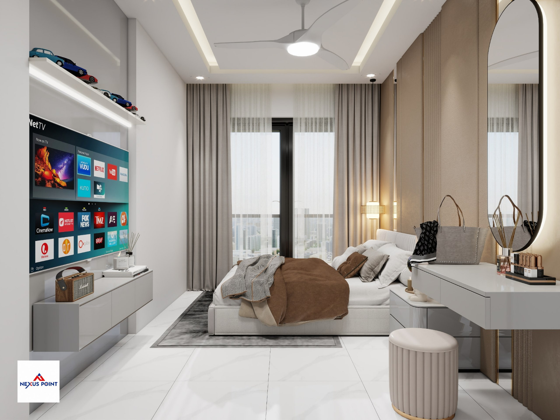 Minimalist master bedroom with skyline view