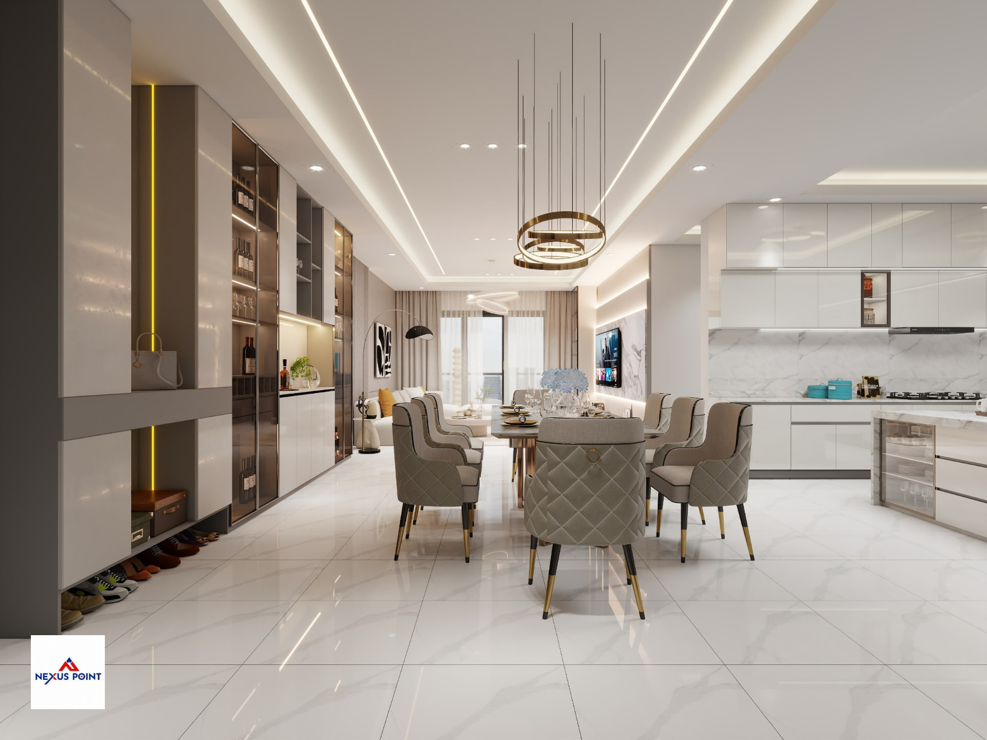Spacious dining area with marble table and golden lighting
